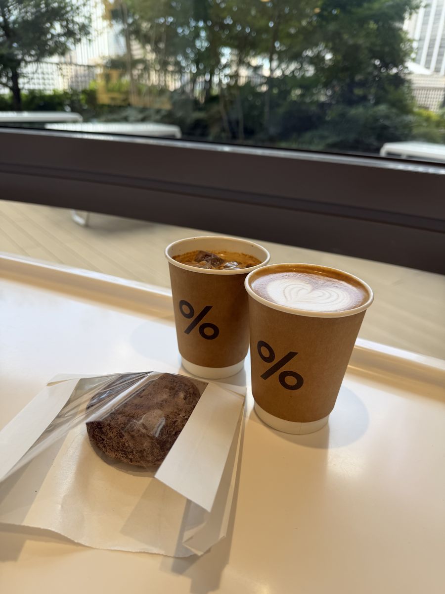 Two percent Arabica coffee cups with a pastry