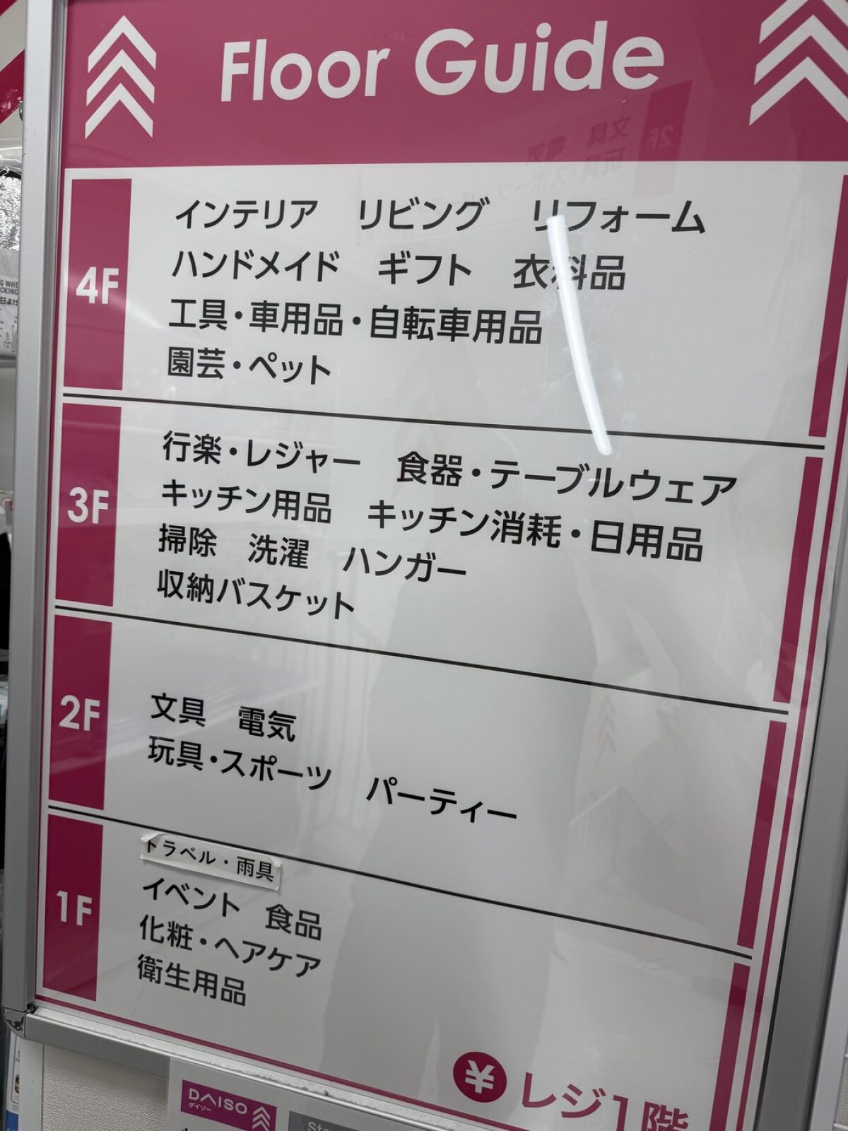 DAISO floor guide sign listing four floors of departments