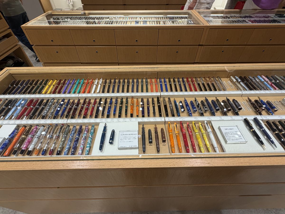Rows of fountain pens on the pen floor at Ginza Itoya