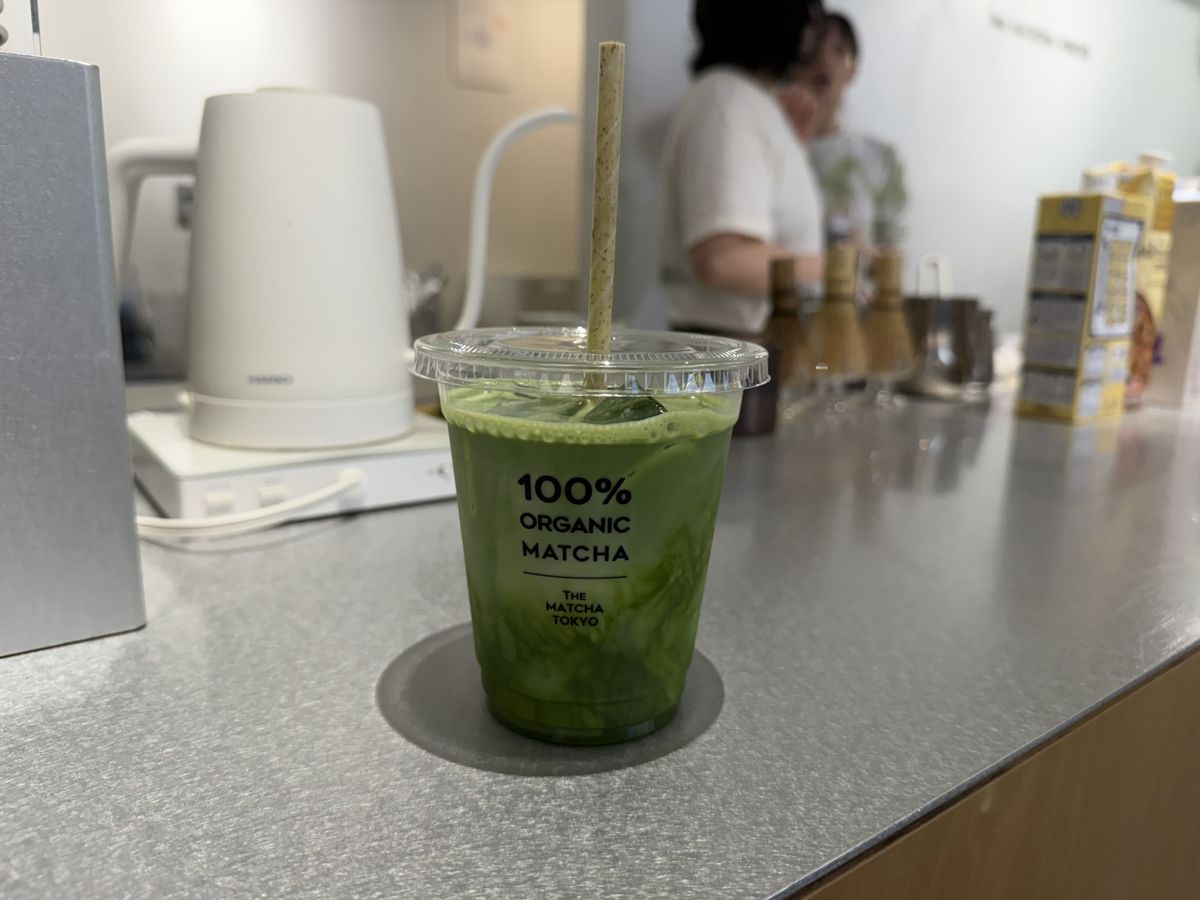 Iced organic matcha drink at a Tokyo matcha stand