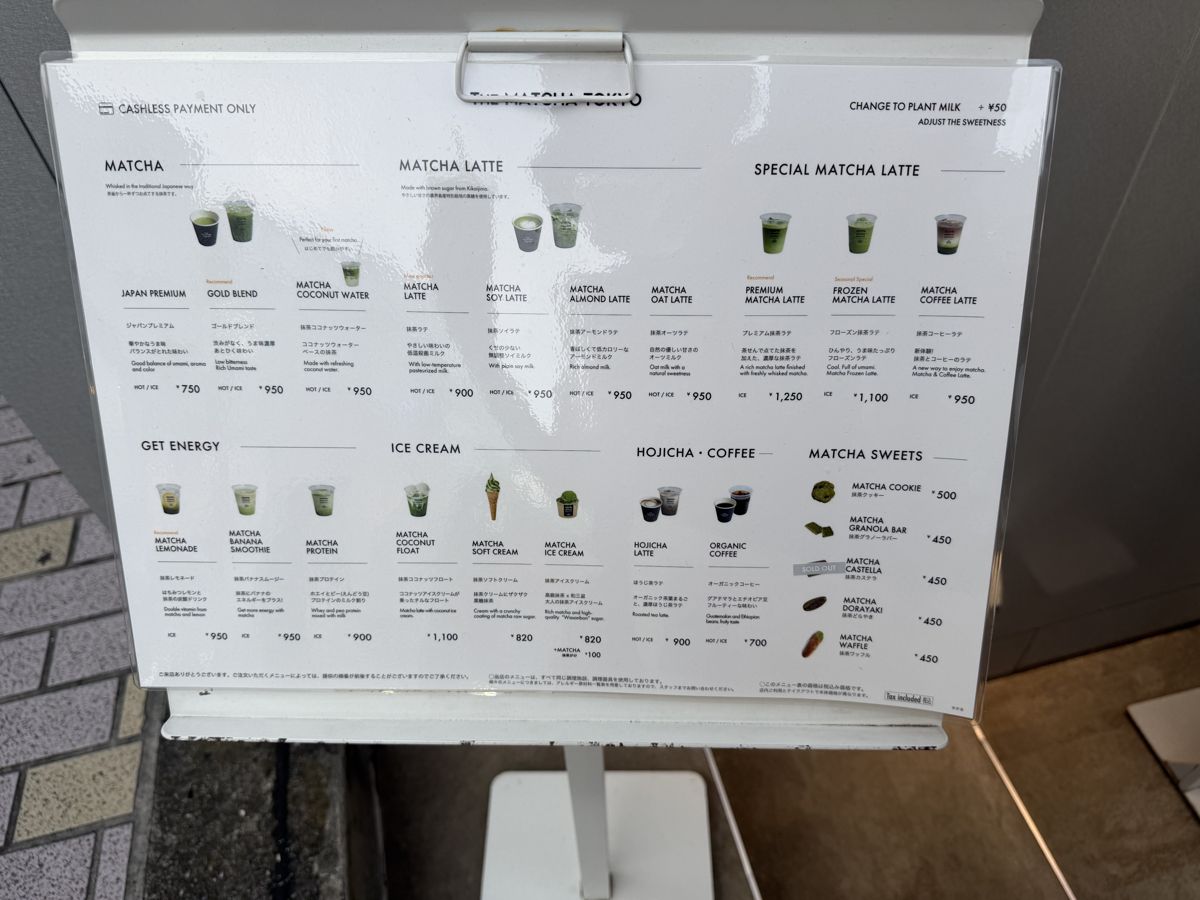 Menu board of THE MATCHA TOKYO organic matcha stand with prices