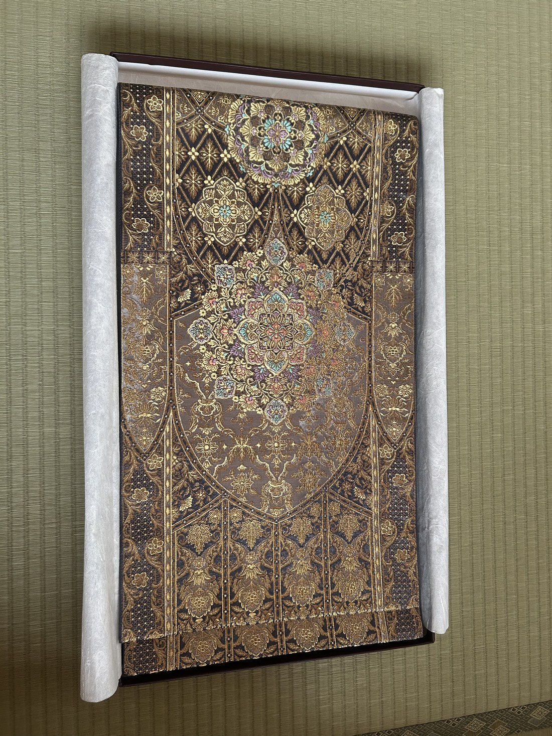 Gold brocade wedding obi sash in its presentation box