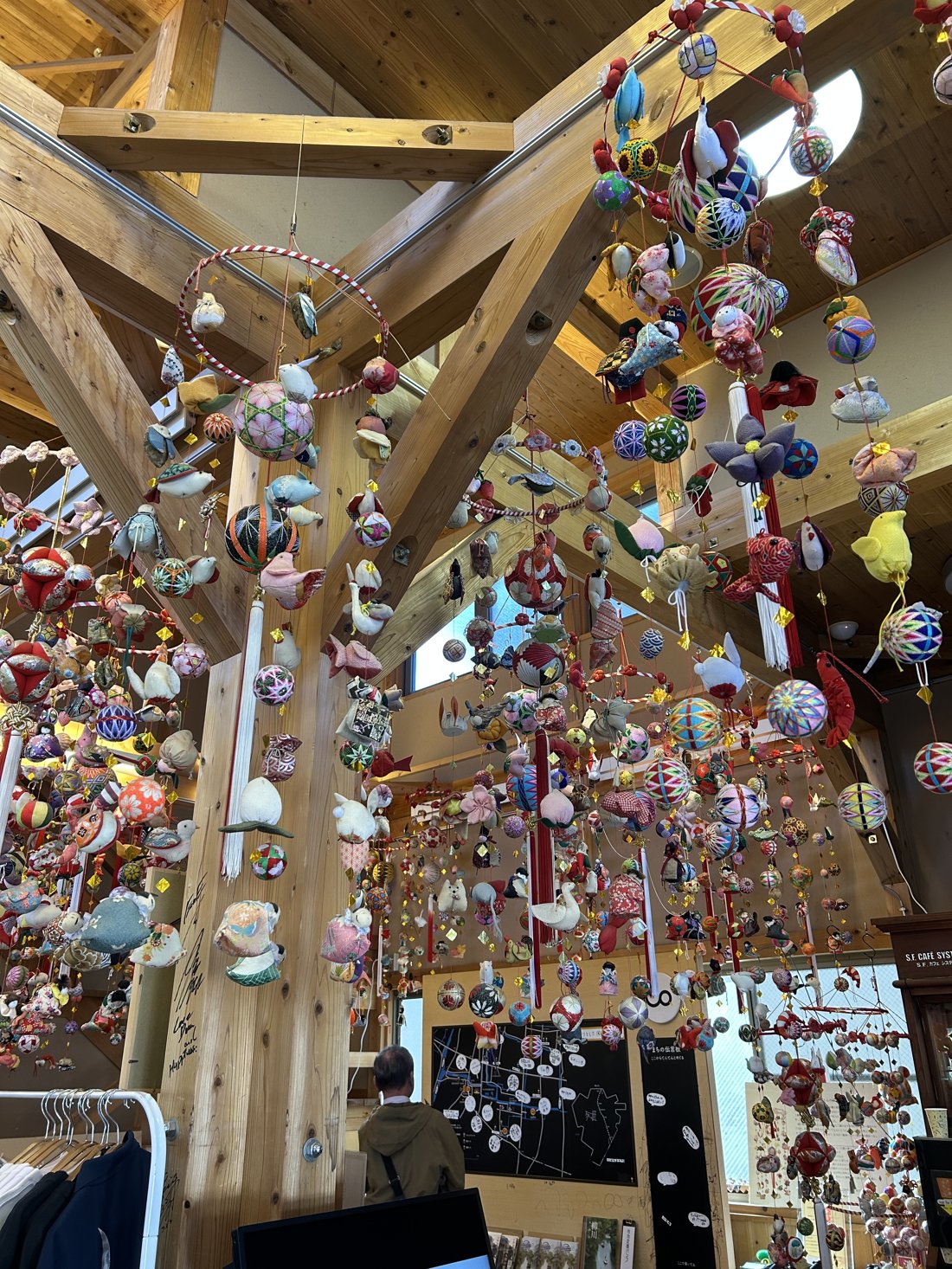 Colorful sagemon hanging decorations with small handmade charms in Yanagawa