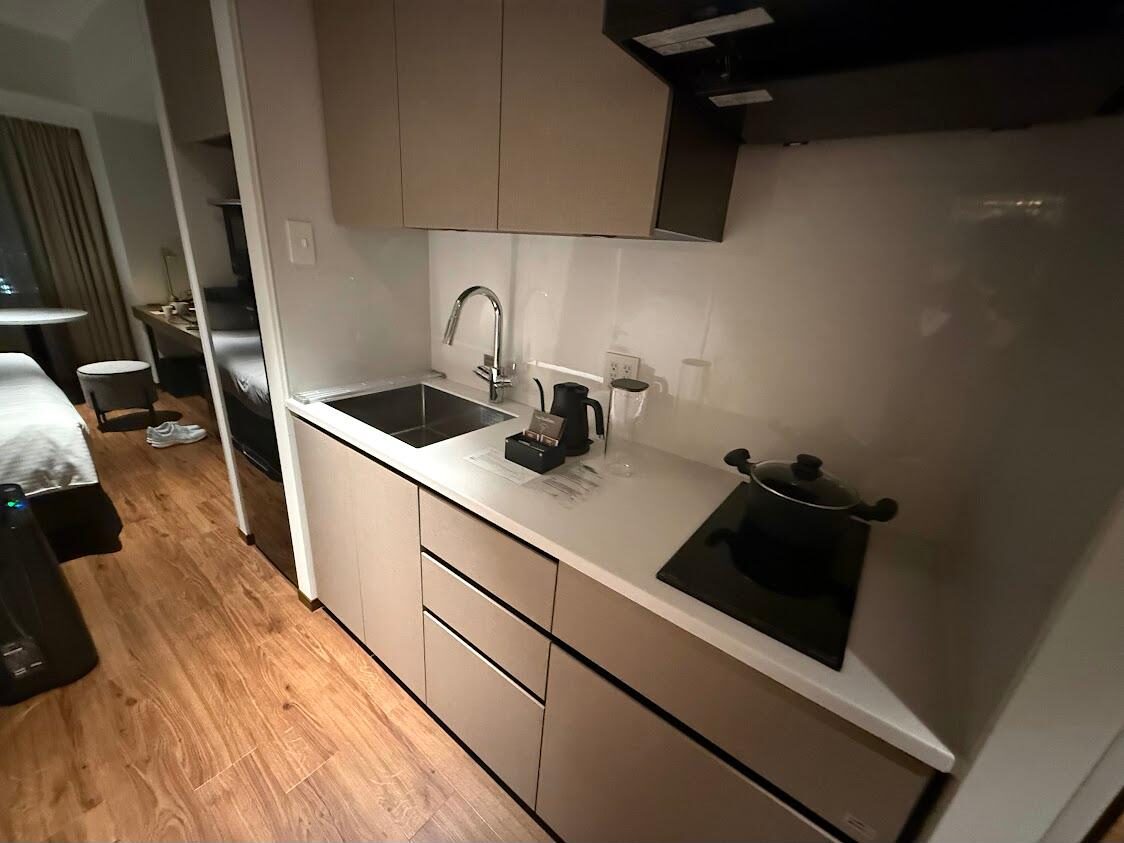 Kitchenette inside a Studio Double room at Citadines Harbour Front Yokohama, with sink, induction hob and kettle